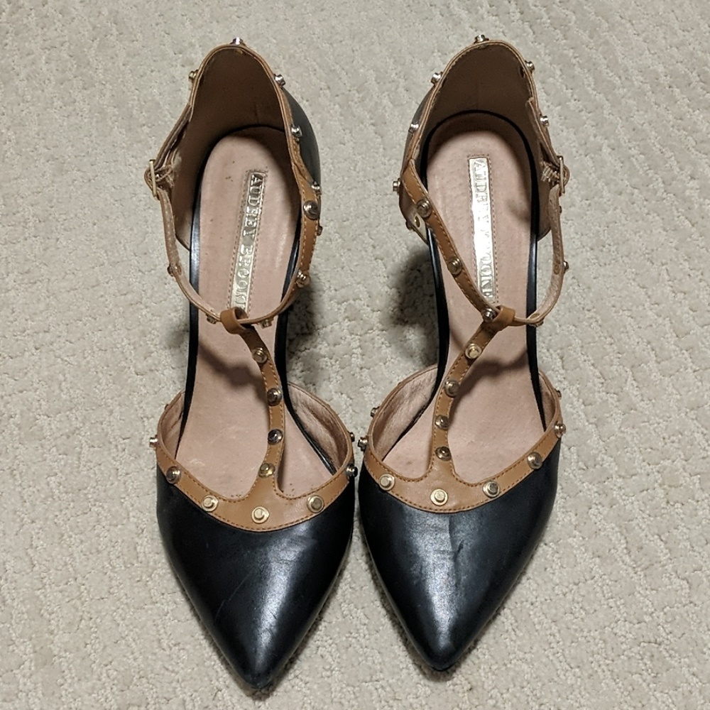 Audrey Brooke gold studded t strap pumps